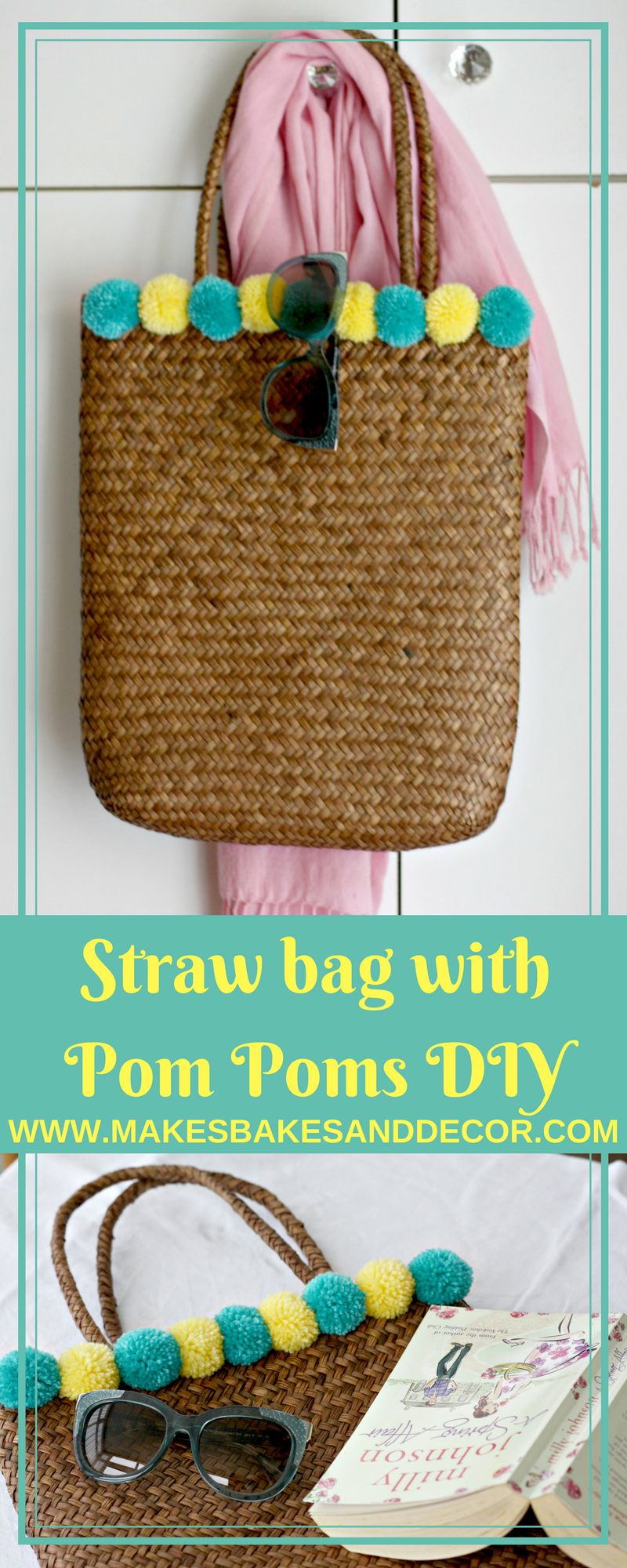 Straw handbag with hot sale pom poms