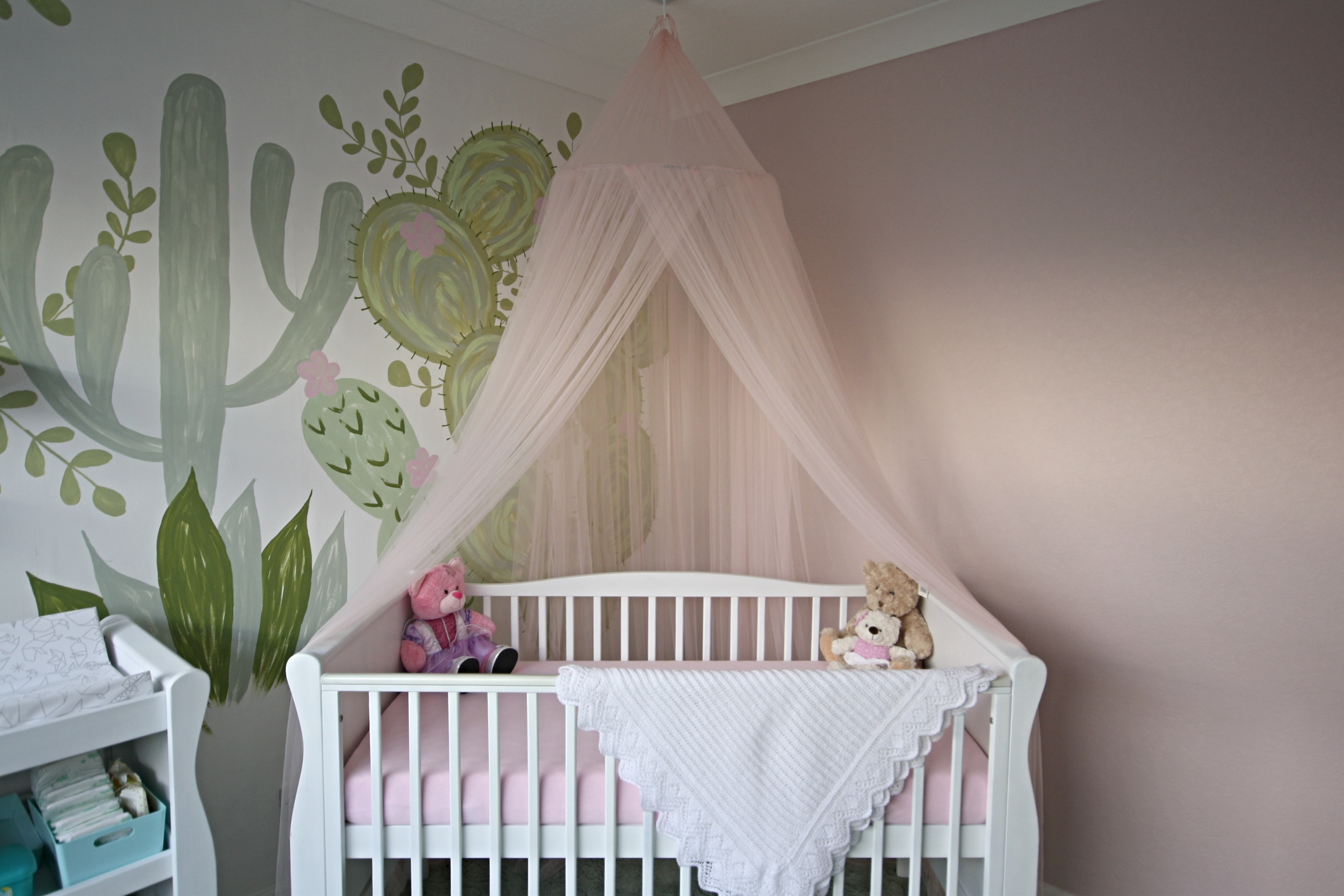 white cot with pink canopy