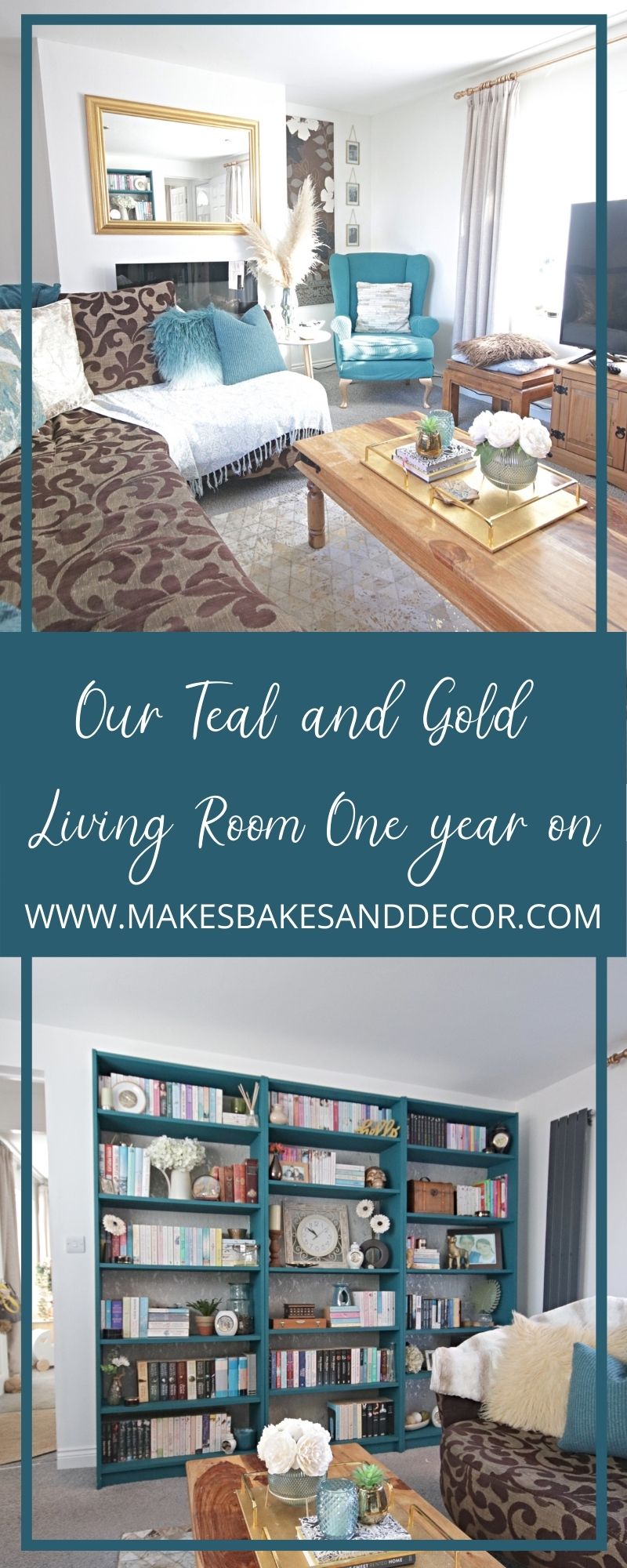 teal and gold living room